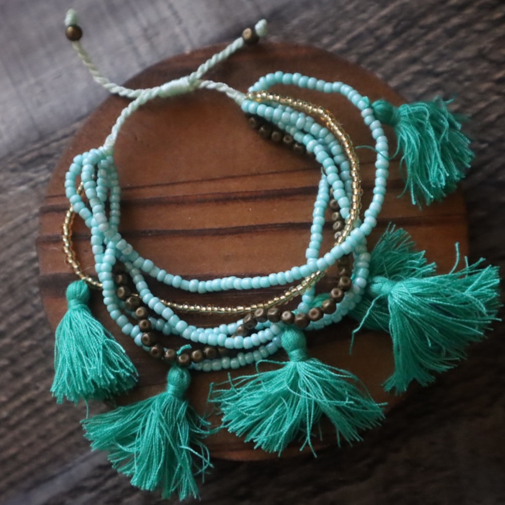 Turquoise Tassel Beaded Bracelet Set
